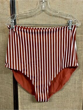 Coral Reef High-Waist Striped Bikini Bottom - Rust & White NWT